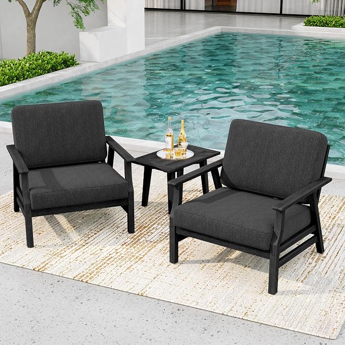 3 Piece Wood Patio Chair Outdoor Bistro Set, Outdoor Armchair All Weather Patio Sofa Furniture Backyard Conversation Sets with Dark Wooden Side Table, Dark Gray