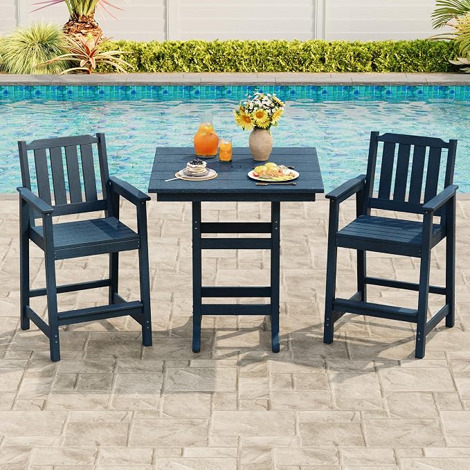 GAOMON Square Outdoor Bar Height Table, Patio Tall Side Bistro Table with Umbrella Hole, Weather Resistant High Top Dining Table for Backyard, Garden, Deck, Porch, Navy Blue