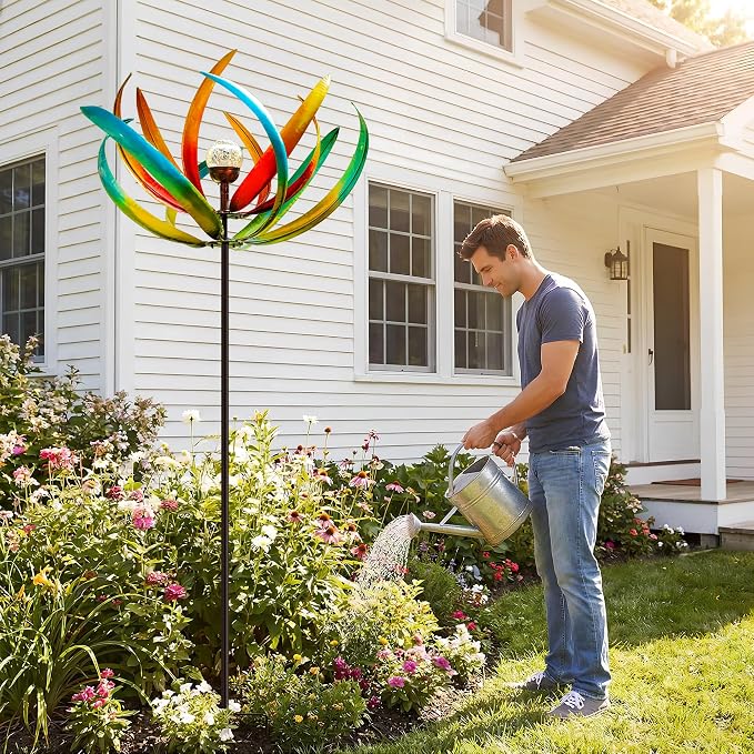 83" Large Solar Wind Spinner Outdoor Metal - Kinetic Tulip Flower Sculpture with Multi-Color Changing LED Crackle Glass Ball - Waterproof Garden Stake Art for Patio, Lawn, and Yard Decoration