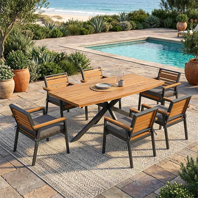 7-Piece Outdoor Patio Dining Set, All-Weather Rectangle Table and 6 Chairs with Dual-Layer Iron & Acacia Wood Seat Frame and Detachable Cushions for Backyard Garden Poolside (Gray-5.14)