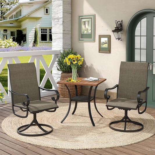 DIFY 3 Pieces Outdoor Patio Dining Set for 2, 27.6" Walnut Small Square Metal Dining Table and 2 Brown Swivel Patio Dining Chairs, Outdoor Table and Chairs for Backyard Porch Poolside