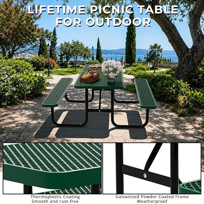 6FT Rectangular Steel Outdoor Picnic Table, Commercial Picnic Table Bench Set with Umbrella Hole, Weather-Resistant Heavy Duty School Dining Table for Stores, Park, Patio, Garden, Backyard, Green