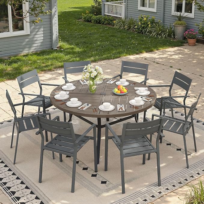 53.1" Outdoor Dining Table with Adjustable Umbrella Hole, Metal Slatted Round Patio Dining Table for Backyard Garden Deck, Antique Grey