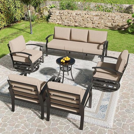Kullavik Aluminum Patio Furniture Set,6 Piece Modern Metal Outdoor Patio Furniture w/5.1'' Thick Cushion and Swivel Chairs,Patio Conversation Sets for Porch,Deck,Sand