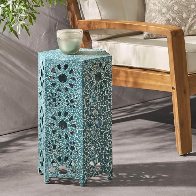 12" Outdoor Side Table, Metal Side Table, Multi Functional Decorative Cutout, Coffee Table, Night Stand, Plant Stand for Patio, Garden, Backyard, Gazebo Indoor (Teal)