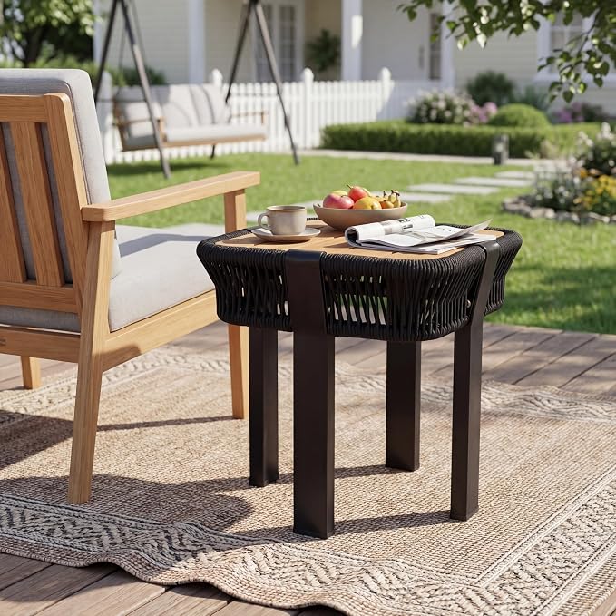 Acacia Wood Side Table, Square Outdoor End Table with Rope & Metal Frame, Small Outdoor Table for Patio, Garden, Poolside, Deck w/UV-Resistant Frame,120 lbs Capacity, Black+Teak