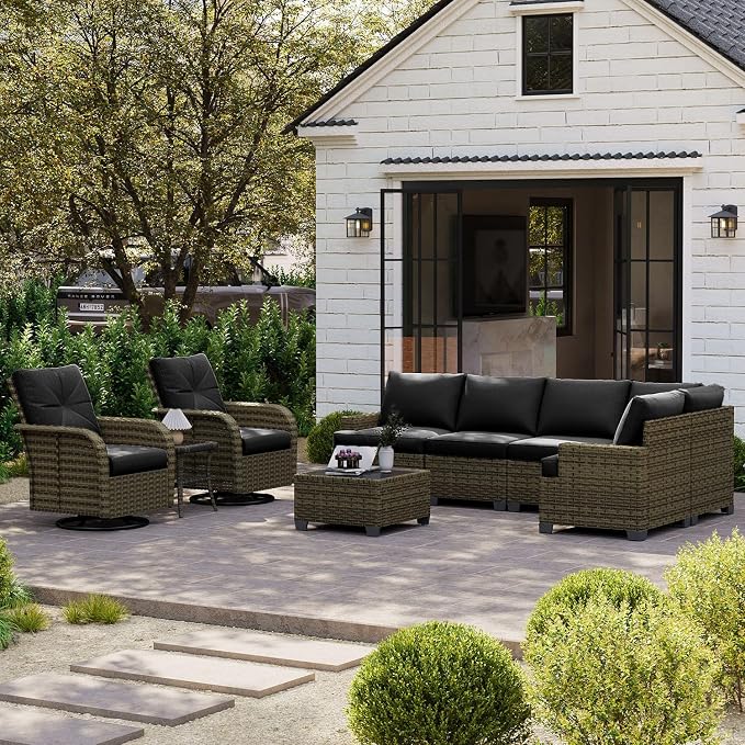 LET'S PATIO Luxury Patio Furniture Set，9 Piece Outdoor Furniture Sectional Set with Swivel Rocker Chairs of 2，All-Weather Patio Sectional Sofas with Thickened Cushions, Black