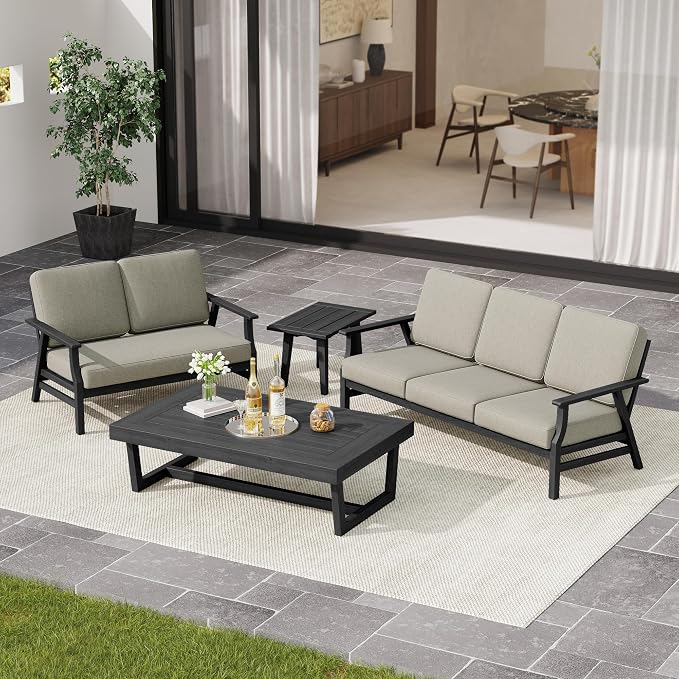 3 Pieces Patio Furniture Sets, Black Wood Outdoor Sectional Furniture with Coffee Table, 5 Seats Patio Sofa Couch Conversation Set for Backyard Deck - Light Camel