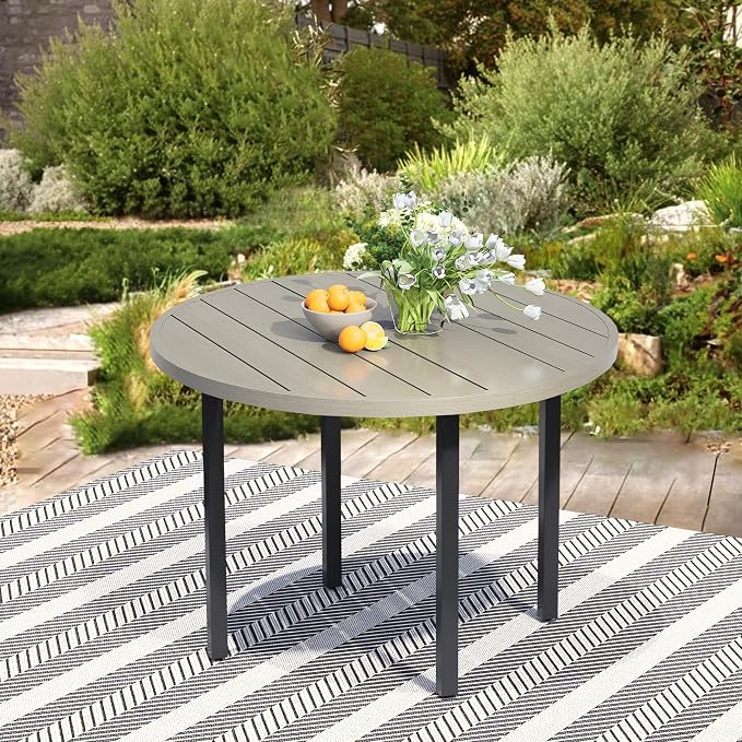 42" Round Patio Table with Umbrella Hole, Metal Outdoor Dining Table for Garden, Backyard and Deck, 4 Person Round Patio Dining Table for Outside, Honey Oak