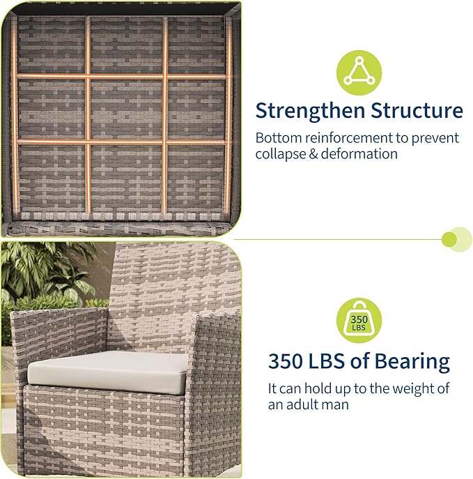 PeakPursuit 3 Pieces Patio Furniture Set, PE Rattan Wicker Patio Set with Soft Cushion and Glass Coffee Table, Upgraded Outdoor Patio Chairs and Table for Garden Poolside Balcony, Grey