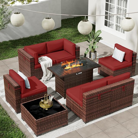 Patio Furniture Set with 44'' Propane Gas Firepit Table, 8 PCS Modular Outdoor Sectional Conversation Sets, All-Weather Wicker Patio Set for Backyard, Wine (Waterproof Covers Included)