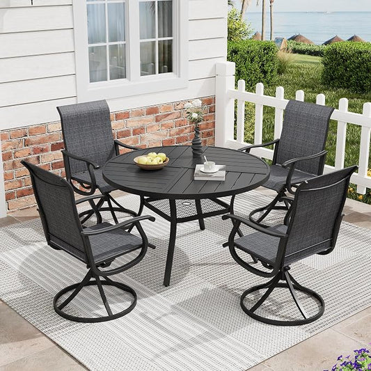 5 Pieces Patio Furniture Dining Set, 4 Textilene Swivel Dining Chairs, 41" Outdoor Round Metal Table with Storage Shelf and 1.57" Umbrella Hole, Outdoor Dining Set for Porch, Lawn, Black/Black