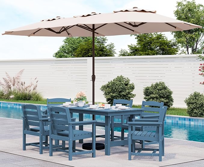 SERWALL 8-Pc HDPE Dining Set, 1 Table, 1 Umbrella & 6 Chairs, Blue | Patio Dining Set with Umbrella, 67"Rectangular Table & 6 Chairs & 15FT Umbrella, All Weather Dining Furniture