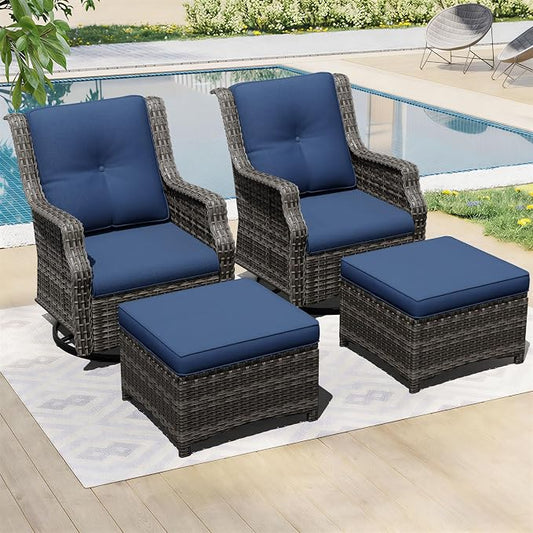 Outdoor Patio Furniture Set, 4 Piece Wicker Patio Furniture with Thick Cushions, Curved Armrest, Deep Seating, Outdoor Swivel Rocker Chairs for Porch, Deck, Balcony