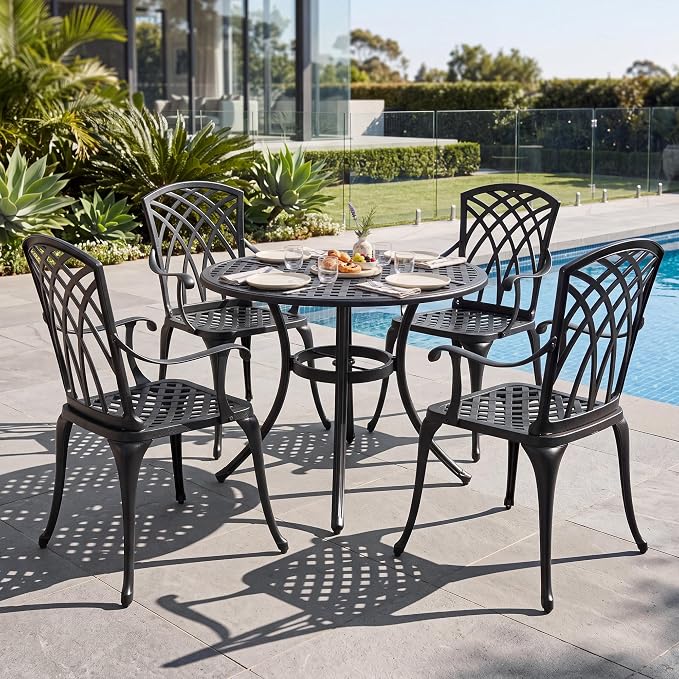 NUU GARDEN 5-Piece Outdoor Dining Set, 33" Cast Aluminum Dining Table with Umbrella Hole and 4 Cast Aluminum Chairs, Patio Table and Chair Set, Patio Dining Set for Poolside Deck Yard Balcony, Black