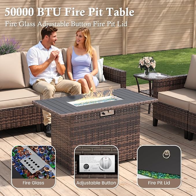 Amopatio Patio Furniture Set with Fire Pit Table, Wicker Outdoor Sectional Sofa with Swivel Rocker Chairs, All-Weather Rattan Conversation Set, Waterproof Cover for Backyard, Deck Brown/Khak 6 PCS