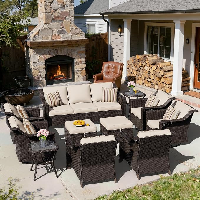 11 Pieces Patio Conversation Furniture Set - 1 Sofa, 2 Ottoman, 2 Armchairs, 4 Swivel Chairs, 2 Side Tables, Outdoor Wicker Furniture with Removable Cushions for Porch, Sunroom (Beige)