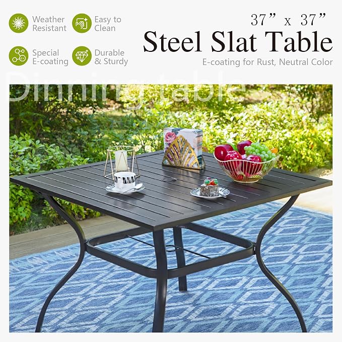 Sophia & William Patio Dining Set for 4 with 10ft 3 Tier Auto-tilt Umbrella, Outdoor Table Furniture Set with 4 x Metal Outdoor Chairs, 1 x Metal Square Dining Table and 1 Navy Blue Patio Umbrella