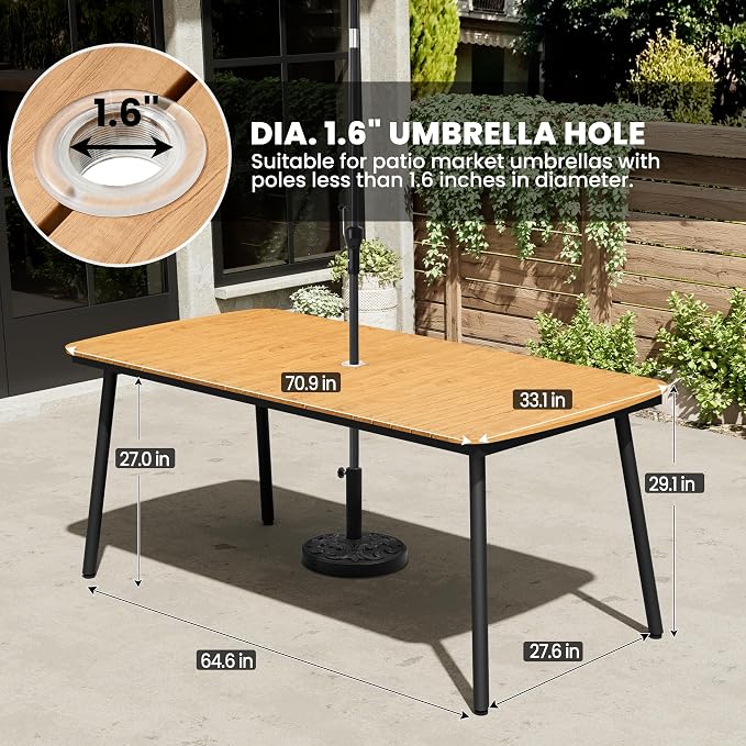 70" Outdoor Dining Table for 6, Brown Patio Table | 1.6" Umbrella Hole Rectangle Table with Aluminum Frame and Waterproof Wood Grain Tabletop for Lawn Backyard Garden Poolside