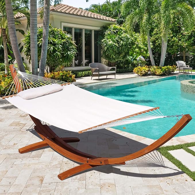 Lazy Daze Hammocks 12 FT Sunbrella Fabric Hammock Non-Fading with Spreader Bars and Free Pillow Fits for 2 Persons, All Weather and Fade Resistant for Patio Yard, 450 lbs Capacity, Cast Pumice