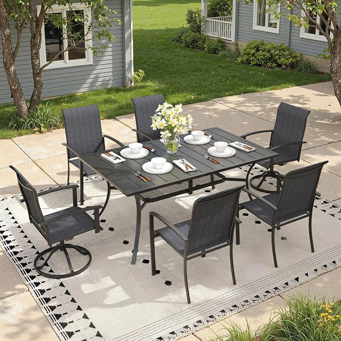 7 Pieces Outdoor Dining Set, 59.2" Rectangular Patio Table and Chairs Set with 2 Swivel Chairs & 4 Stationary Chairs for Deck Lawn Backyard, Black & Black