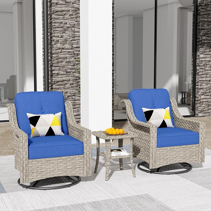 HOOOWOOO 3 Piece Patio Furniture Bistro Sets,Outdoor Wicker Swivel Rocking Chairs with Table Set,All Weather Resistant High Back Rattan Conversation Set(Navy Blue)