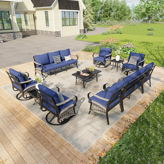 11 Pieces Patio Furniture Set, Metal Outdoor Conversation Sets with Swivel Chairs, Modern Couch Sofa Seating Group with Coffee Table and Side Table (Thick Blue Cushions)