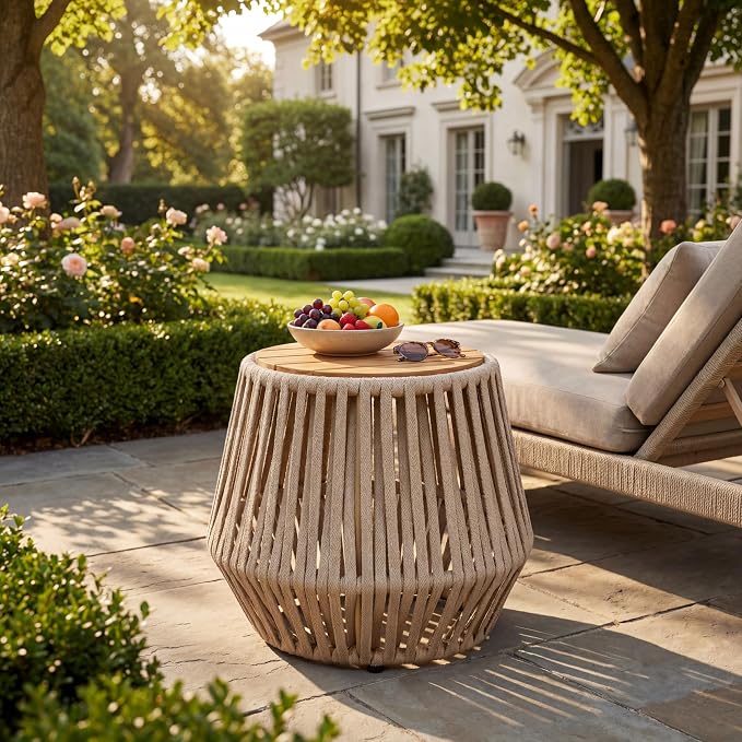 Outdoor Side End Table for Patio with Rope and Acacia Wood, Small Round Patio Table, Outside Boho Accent Table for Backyard Balcony Gazebo Party, Beige