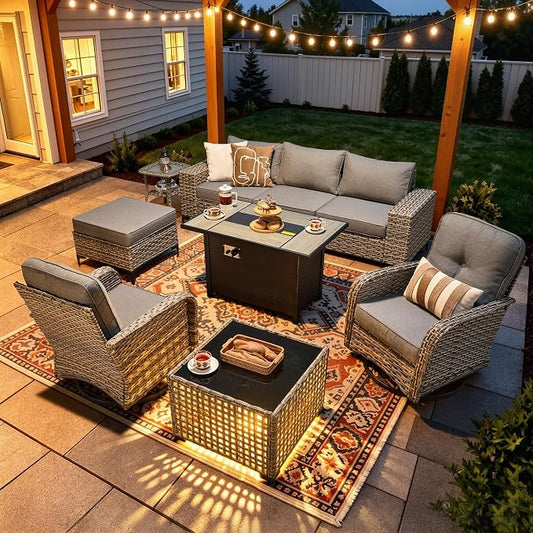 9-Piece Wicker Outdoor Sectional Furniture with Fire Pit, Wide Armrest Patio Couch Set Swivel Rocking Chair Ottoman Solar Table, Modular Conversation Sets for Backyard Deck Garden, Dark Gray