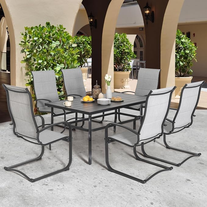 NUU GARDEN 7 Piece Outdoor Dining Set, 6 Textilene Dining Chairs and 61" Rectangular Dining Table with 1.57" Umbrella Hole, for Backyard, Patio, Garden, Gray and Black