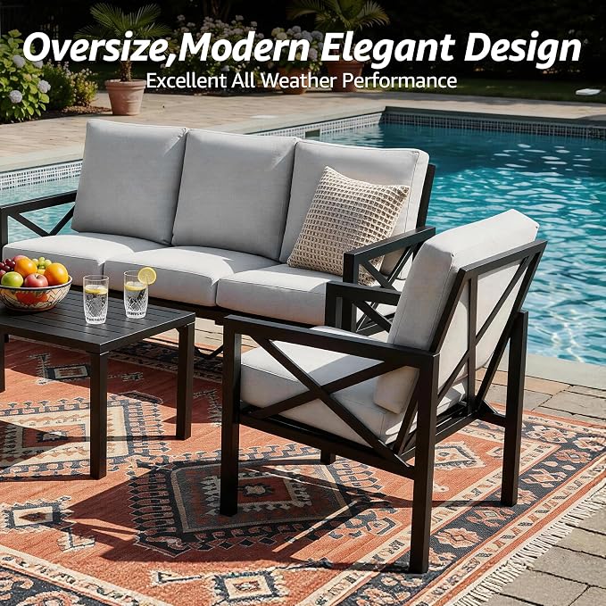 NATURAL EXPRESSIONS 4 Piece Metal Outdoor Patio Furniture Set, Patio Conversation Set with Extra Thick Cushion and Table, Black Frame Backyard Furniture (3 Seater with 2 Fix Chairs Set)