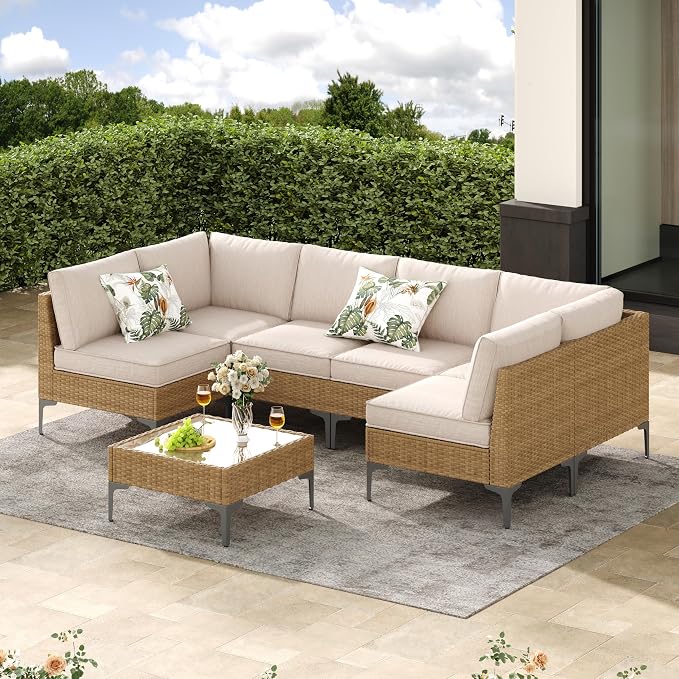 Jing's Villa 7-Piece Outdoor Patio Furniture Set,Ratten Conversation Sectional Sofa w/Coffee Table, All-Weather Patio Conversation Set with Thick and Anti-Slip Cushions for Backyard,Deck,Beige