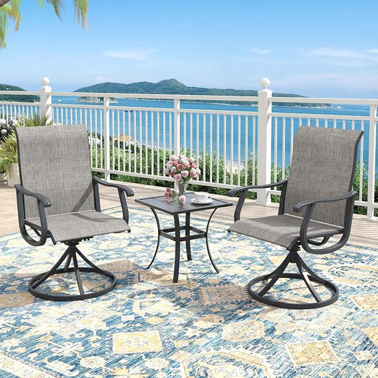 Outdoor Dining Set for 2, 18.1" Metal Square Patio Side Table and Sling Patio Swivel Chairs, 3 Pieces Patio Table and Chairs Set for Garden Backyard, Grey and Black