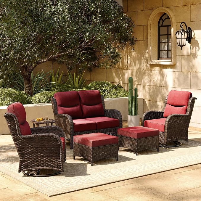 HILLGA 6-Piece Luxury Patio Furniture Set with 6" Thick Cushions, Weather-Resistant Wicker High Back Swivel Rocker Chairs, Senior-Friendly Outdoor Loveseat Set for Deck and Poolside, Burgundy(V2)