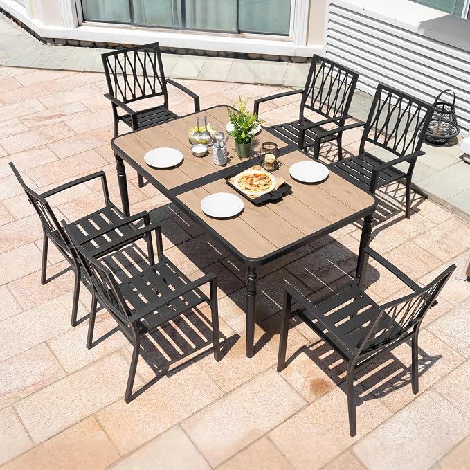 NUU GARDEN Outdoor 7-Piece Patio Dining Set, 6 Patio Chairs and 61" x 37" Rectangle Metal Dining Table with Umbrella Hole, Iron Frame Wood-Grain Tabletop, for Backyard, Deck, Garden, Black