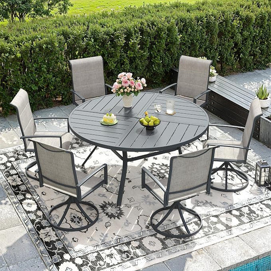 DIFY 7 Piece Outdoor Dining Set, Metal Patio Table and Chairs Set, 50" Round Dining Table & 6 Padded Textilene Swivel Patio Chairs, Outdoor Furniture Set for Garden Backyard Porch, Grey