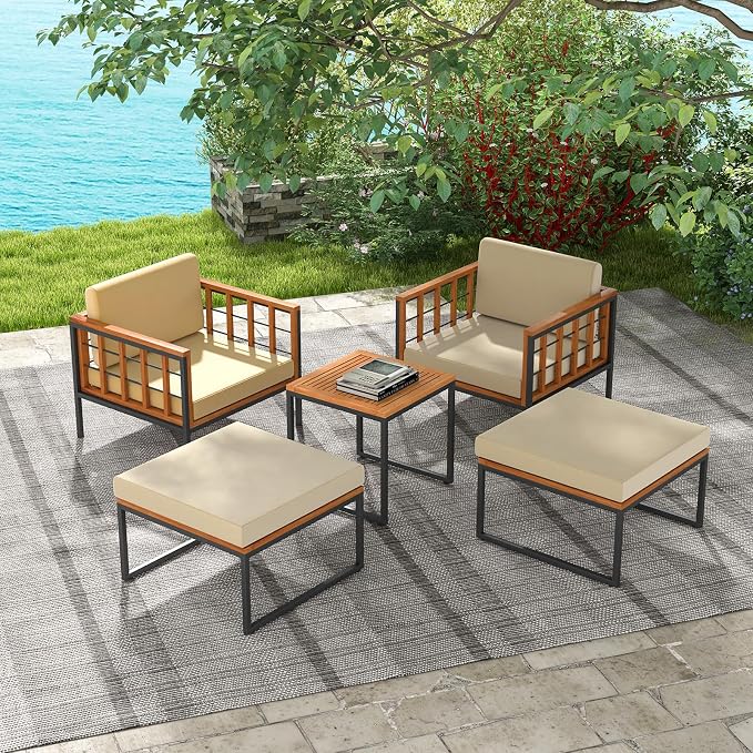 Tangkula 5 Pieces Acacia Wood Patio Furniture Set with Ottomans, Outdoor Conversation Set with Soft Cushions and Coffee Table for Poolside, Garden, Balcony and Backyard (Beige)