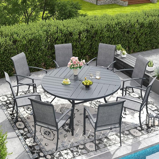 DIFY 9 Pieces Outdoor Dining Set, Metal Patio Table and Chairs Set for 8 with Umbrella Hole, 53.1" Round Dining Table and Textilene Stackable Patio Chairs for Garden Backyard Poolside, Grey