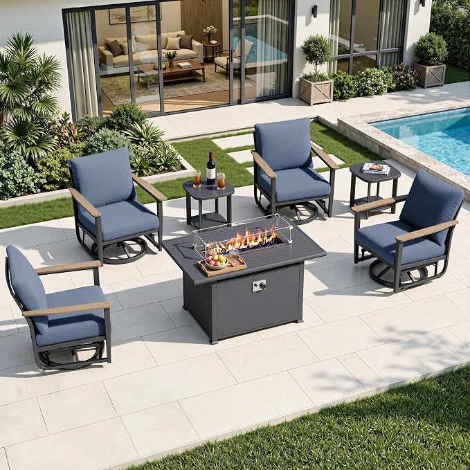 7Pcs Patio Rocking Swivel Chair with 55,000 BTU Fire Pit Table Outdoor Aluminum Bistro Set with Coffee Table, Patio Furniture Set with High Backrest & Thickened Cushions, Navy Blue
