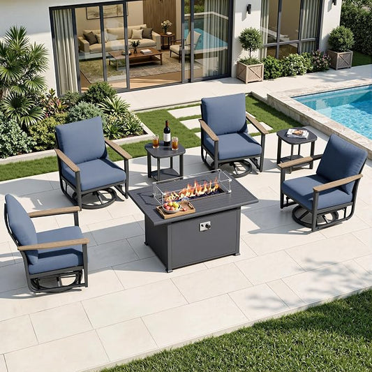 7Pcs Patio Rocking Swivel Chair with 55,000 BTU Fire Pit Table Outdoor Aluminum Bistro Set with Coffee Table, Patio Furniture Set with High Backrest & Thickened Cushions, Navy Blue