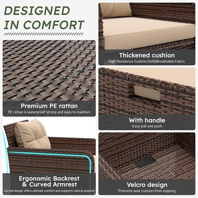 LHBcraft Balcony Furniture 5 Piece Patio Furniture Set, PE Rattan Patio Chairs Conversation Set with Soft Cushions 2 Ottoman & Table for Porch, Lawn, Garden, Beige