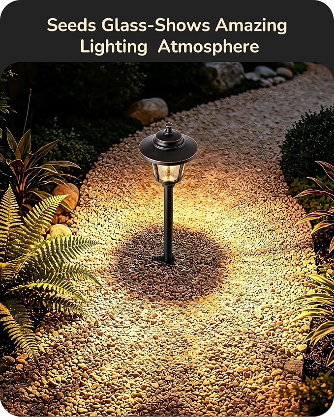 EDISHINE Low Voltage Landscape Lighting 12V 3W 120LM with Connectors 6 Pack | Seed Glass, 3000K Warm White, ORB Waterproof Electric LED Landscape Path Lights for Walkway Garden Yard