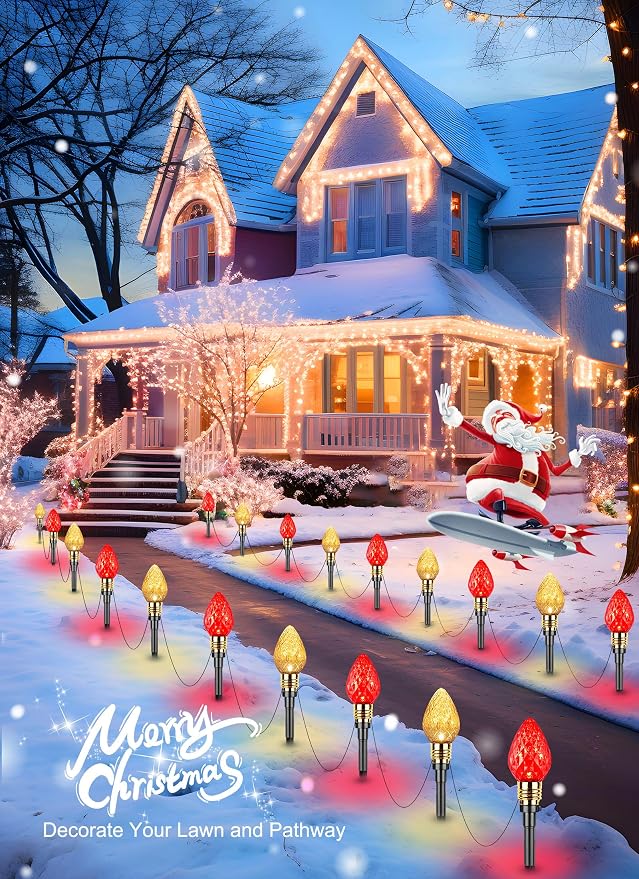 2 Pack Strawberry C9 Christmas Pathway Lights Outdoor, Total 34.8 Feet | 20 LED C9 Pathway Lights, Connectable Christmas Light Outdoor Decoration for Lawn Yard Holiday Walkway, Red & Warm White
