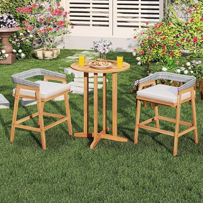 HAPPYGRILL Acacia Wood Outdoor Bar Table, Bar Height Patio Bistro Table for Porch, Garden, Balcony and Poolside