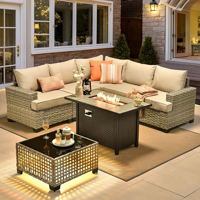 HOOOWOOO Sectional Patio Furniture Set with Fire Pit Table,7 Pieces Wicker Outdoor Furniture L Shaped Couch,Outside Conversation Set with Extra Deep Seat Sofa Wide Arm Solar Light Table,Beige