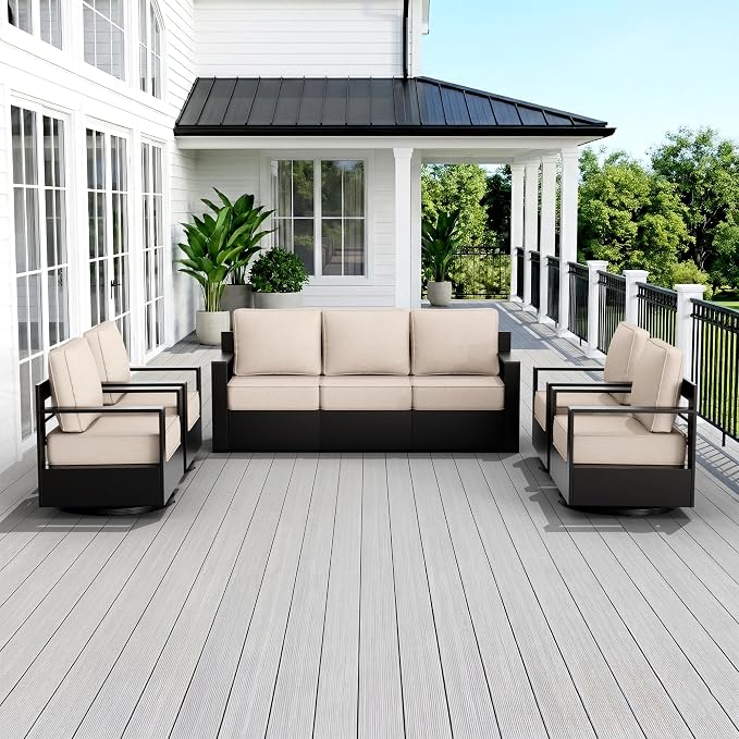 Outdoor Patio Furniture Set, 5-Piece Aluminum Patio Conversation Set All-Weather Metal Outdoor Sectional with 6 Inch Thick Cushions, Deep Setting for Garden, Outside and Porch, Beige