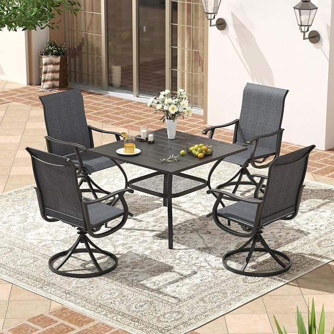 VICLLAX Patio 5 Pieces Outdoor Dining Set for 4, 38" Square Metal Dining Table with Umbrella Hole and 4 Swivel Textilene Chairs for Lawn,Garden,Porch,Black/Dark Grey
