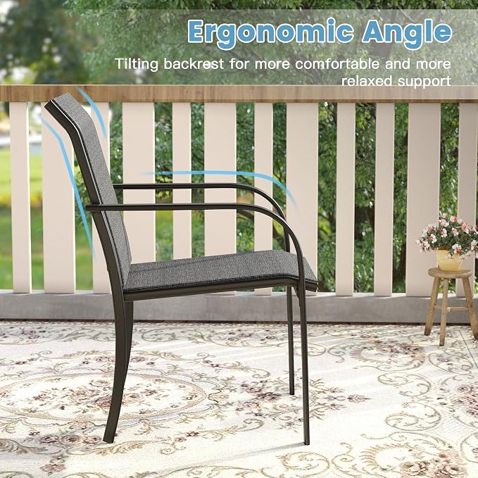 DIFY 7 Pieces Outdoor Patio Dining Set for 6, 59.2" Black Rectangle Metal Dining Table and 6 Grey Stackable Textilene Patio Chairs, Outdoor Table and Chairs for Backyard Garden Poolside