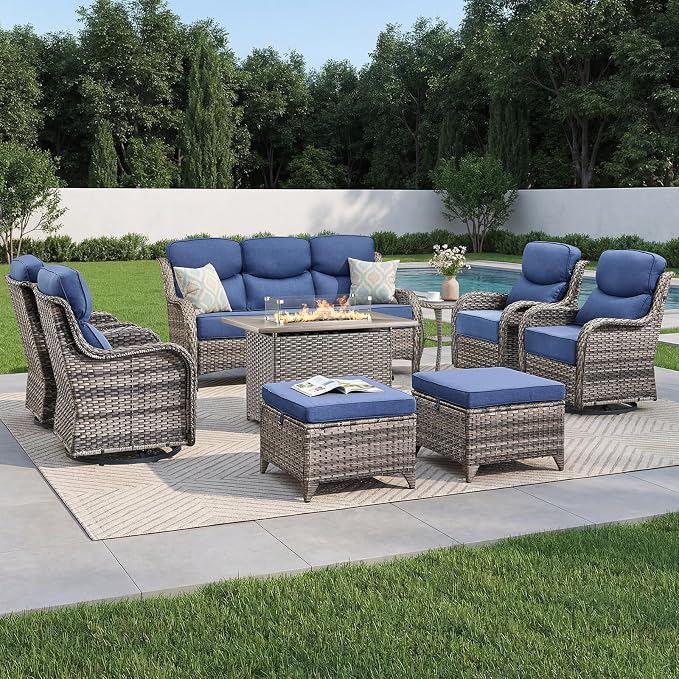 Luxury Patio Furniture Set with 6-inch Thick Cushion, Outdoor Furniture with Fire Pit Table, Swivel Chairs, Sofa, Side Table, Ottomans, 9pcs Wicker Conversation Set(Grey Wicker/Blue Cushion)