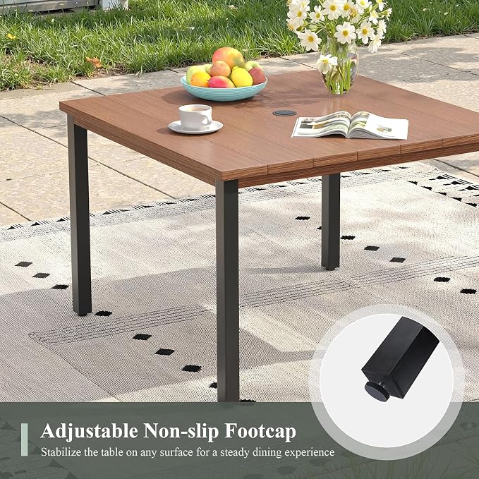 Outdoor Dining Set for 4, 40.2" Metal Square Outdoor Dining Table with Umbrella Hole and Wicker Stackable Patio Chairs, 5 Pieces Patio Table and Chairs Set for Garden Backyard, Walnut